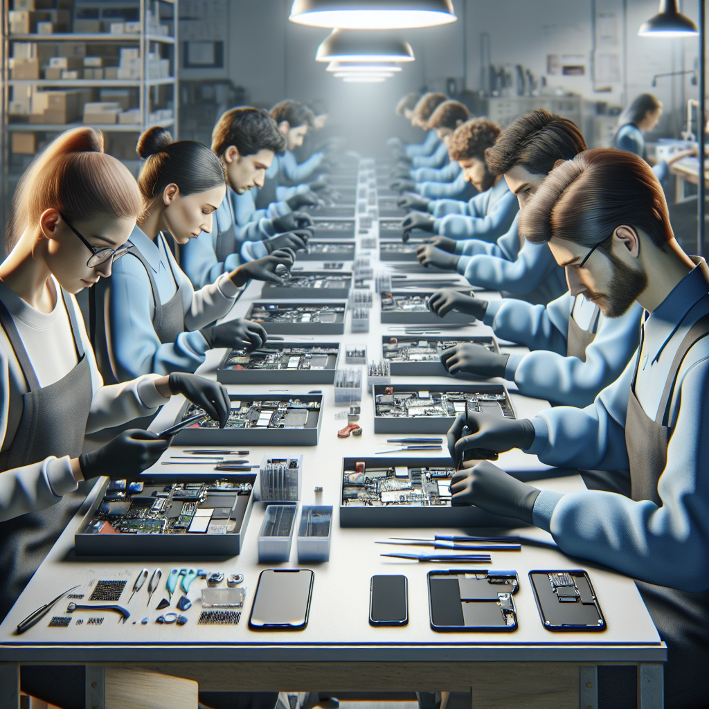 Realistic stock image of technicians repairing iPhones